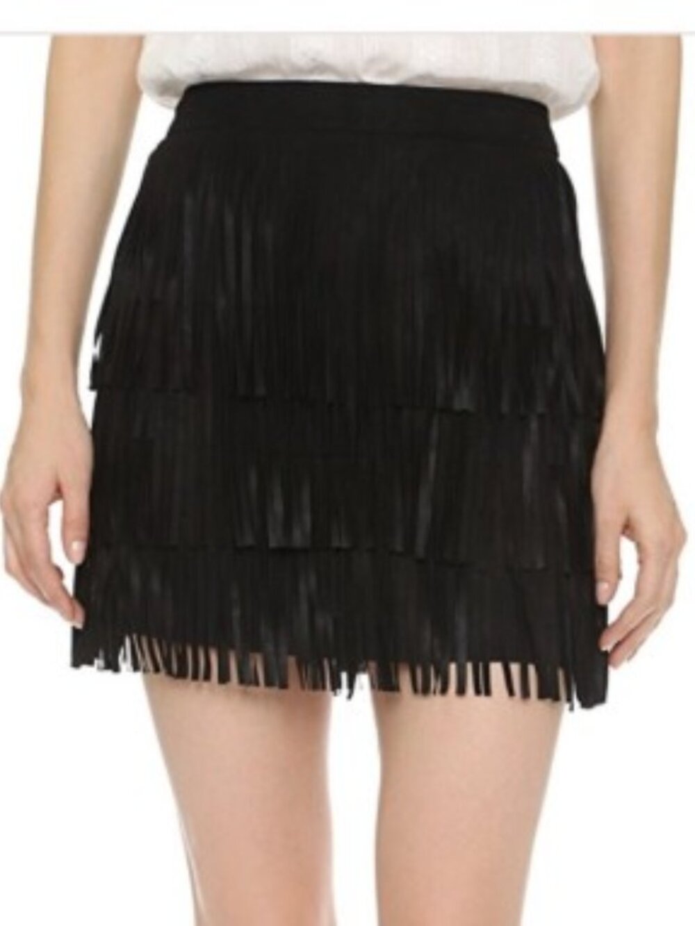ALICE + OLIVIA Lavana Tiered Fringe Suede Black Skirt Size 6 NWOT